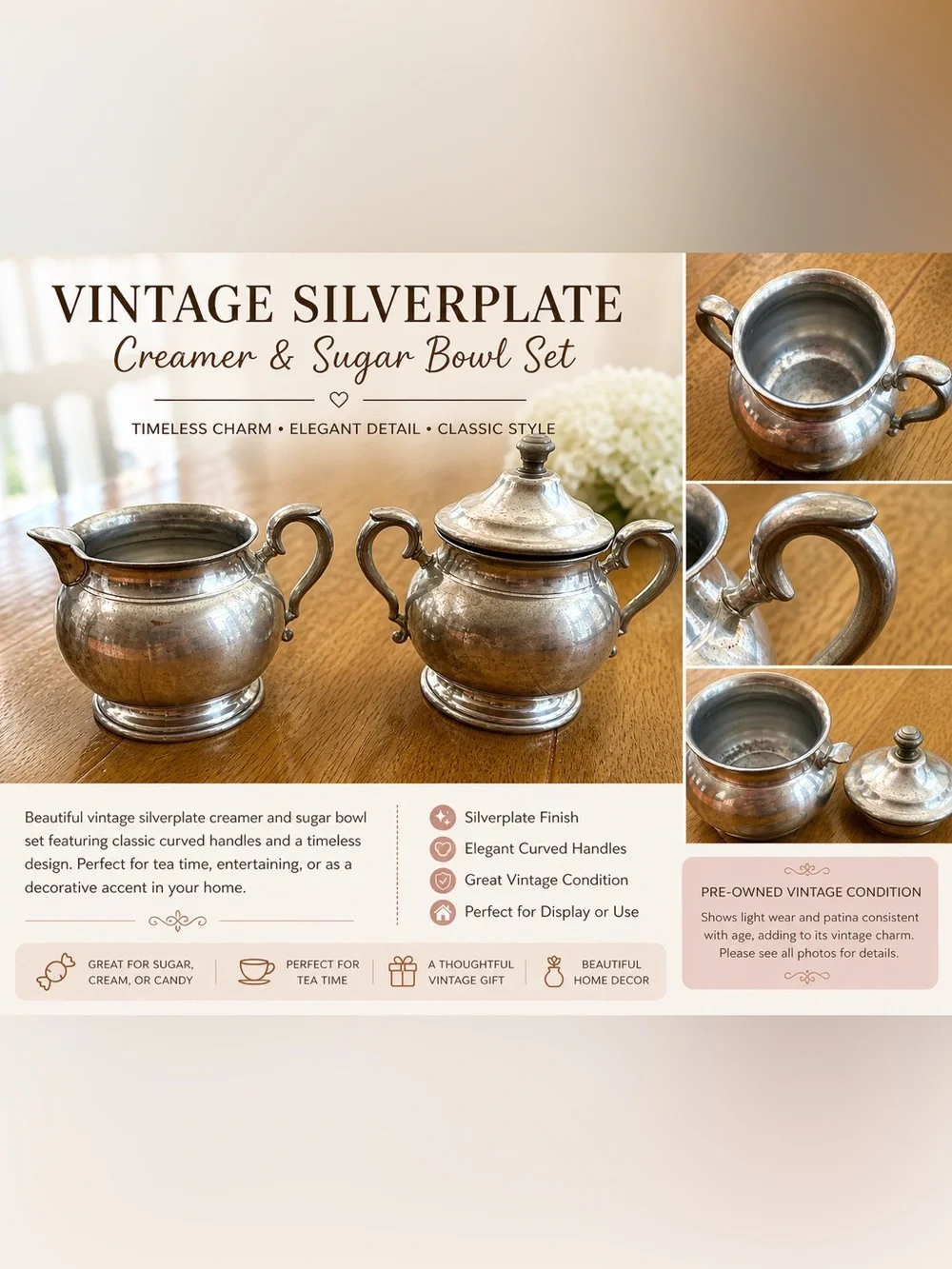 Vintage Silverplate Creamer & Sugar Bowl Set • Genuine Pewter Marked